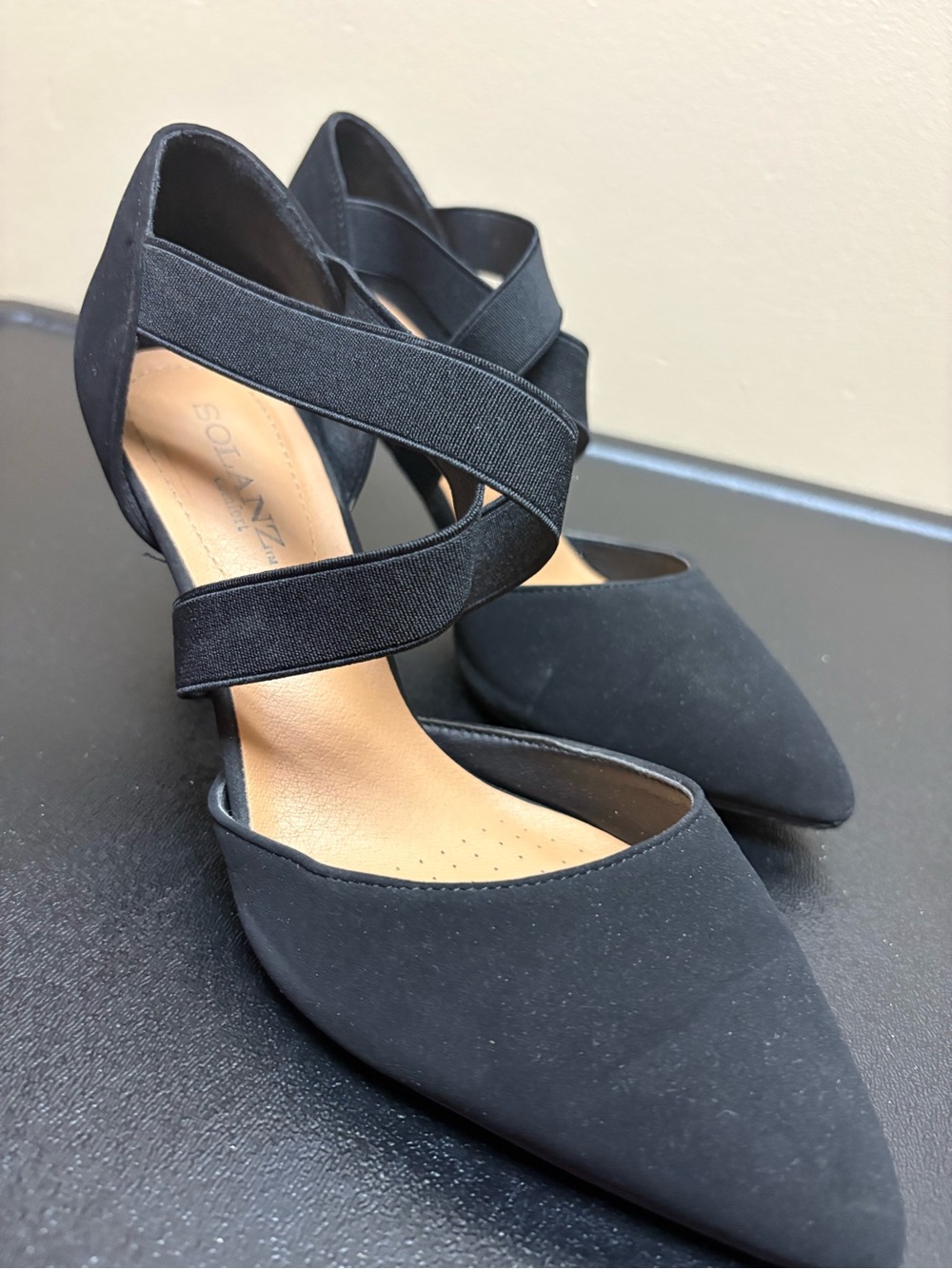 Black Pointed-Toe Crisscross Strap Heels